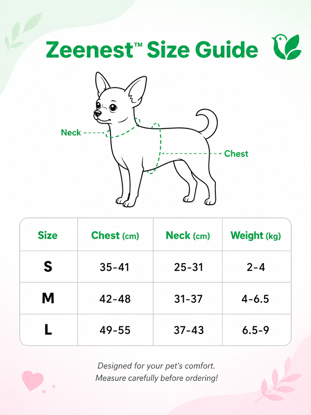 Zeenest™ Pet Carrier Size Guide for small dogs - Measurement chart