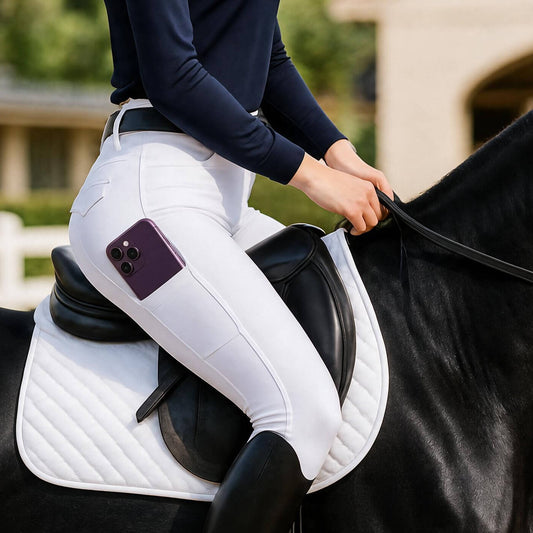 A person riding a black horse wearing white equestrian riding pants featuring a convenient side pocket holding a smartphone.