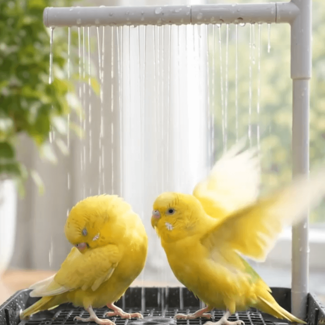 Two yellow canary birds enjoying the Zeenest CircuBath automatic pet bird shower