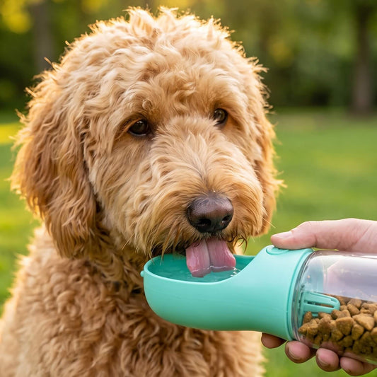 Handheld 2-in-1 portable dog water bottle and travel food dispenser being used by a fluffy golden dog in a park at sunset.