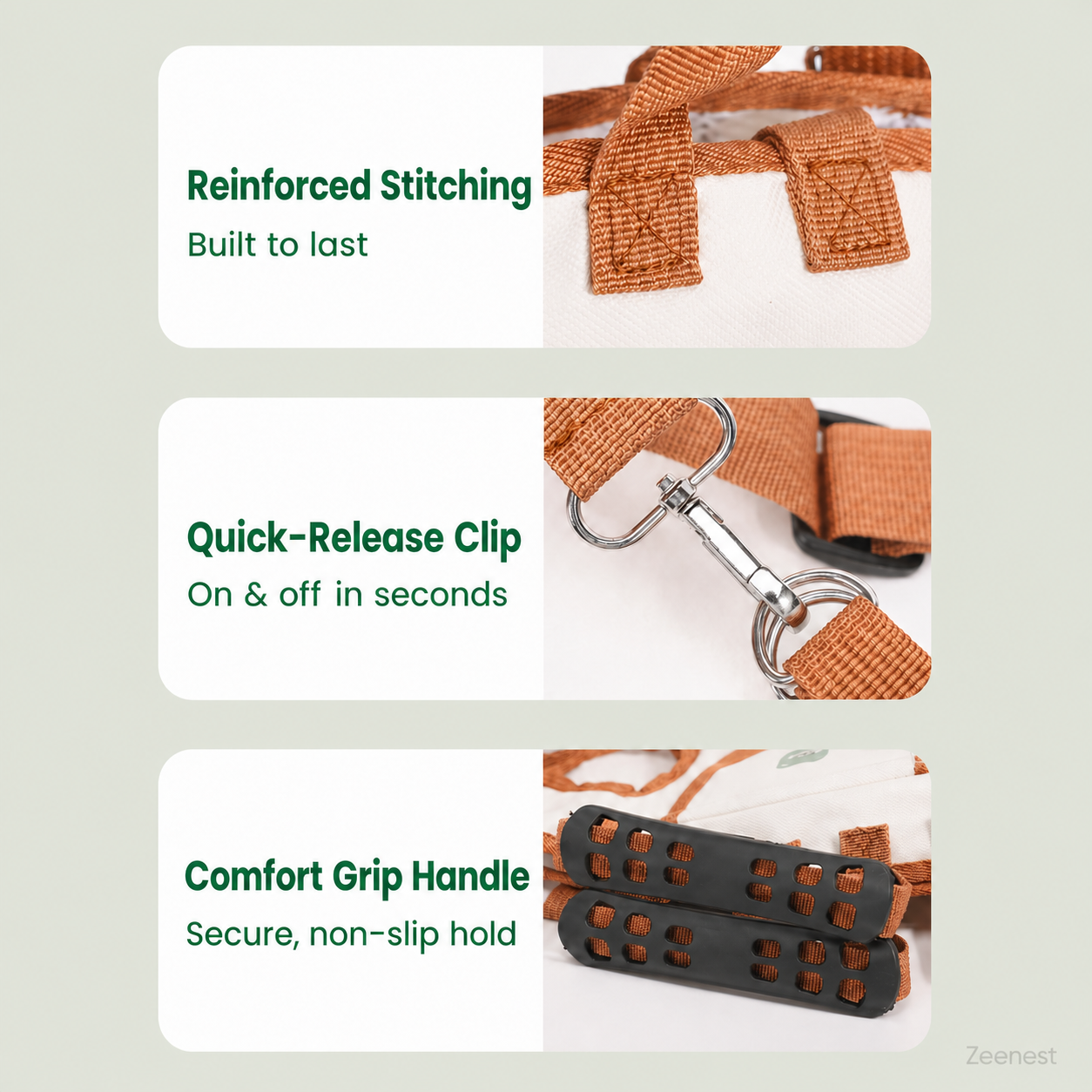 Zeenest™ pet carrier harness features reinforced stitching quick-release clip and comfort grip handle