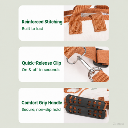 Zeenest™ pet carrier harness features reinforced stitching quick-release clip and comfort grip handle