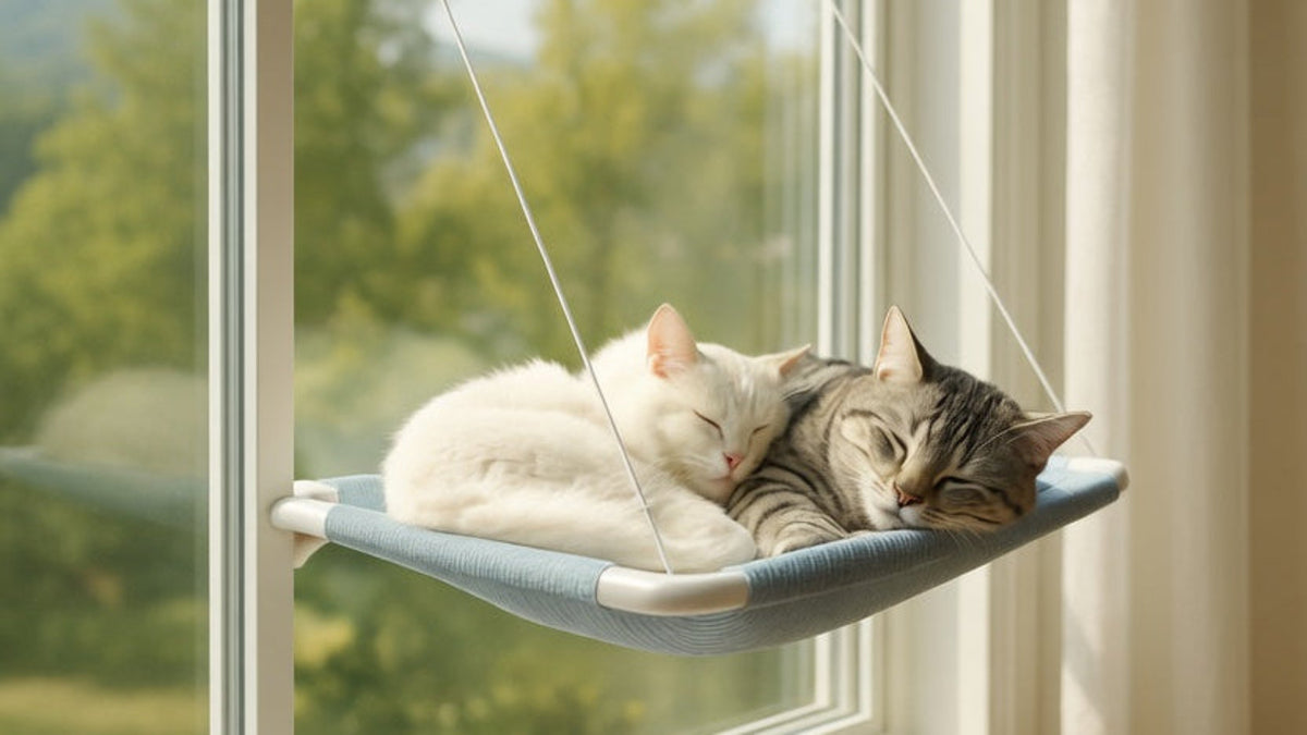 Two cats, one white and one tabby, sleeping peacefully on a window-mounted cat hammock bathed in sunlight.