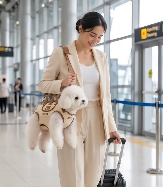 Woman traveling through an airport with a small white dog