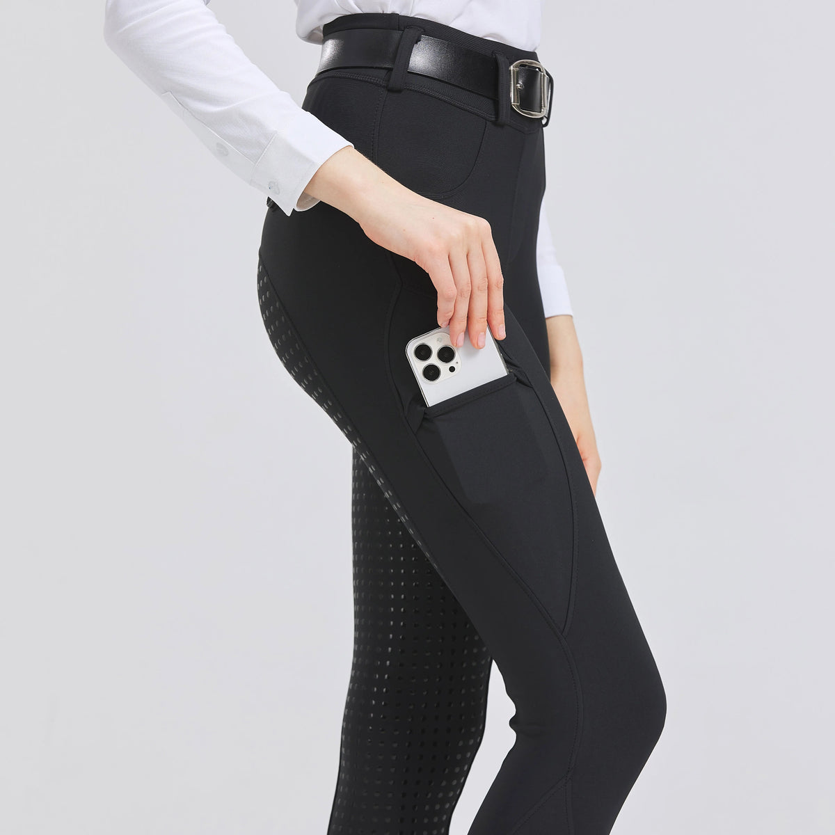 Side view of black women's equestrian riding breeches
