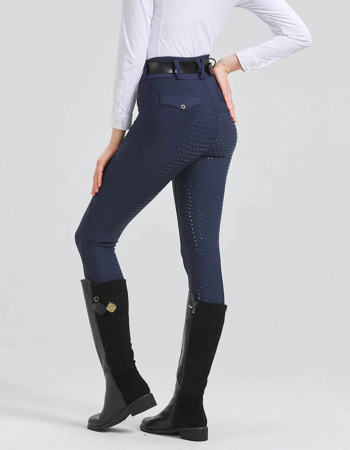 Side view of women's navy equestrian riding breeches