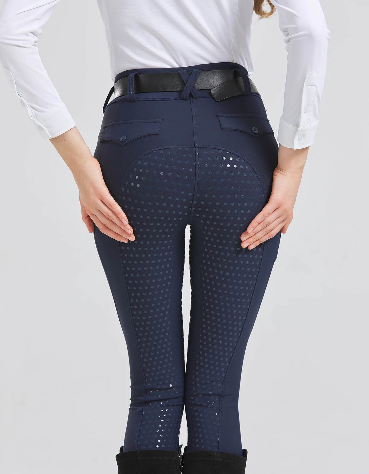 Back view of women's navy horse riding breeches