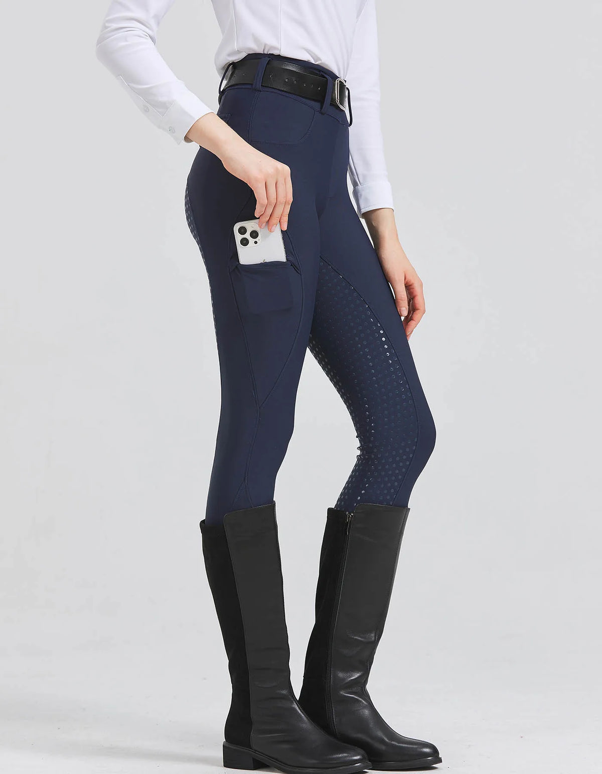 Front view of women's navy riding breeches