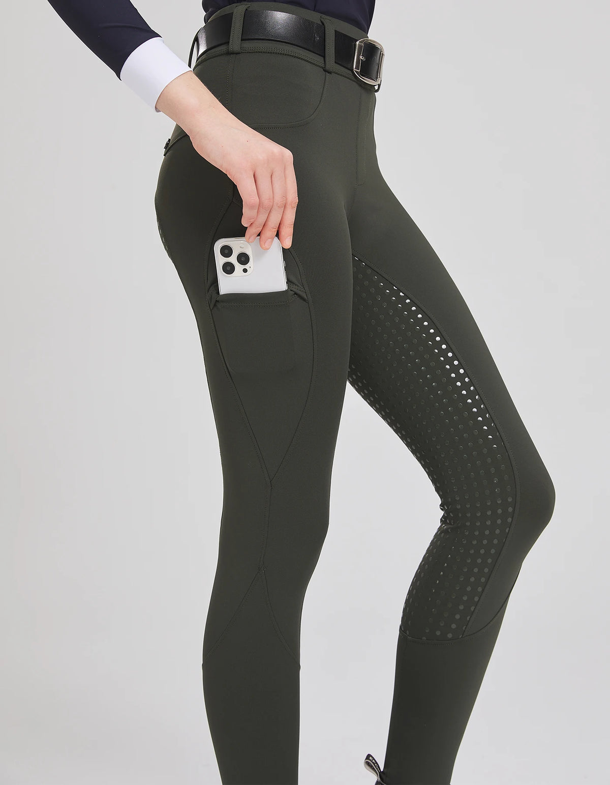 Side view of women's olive riding breeches