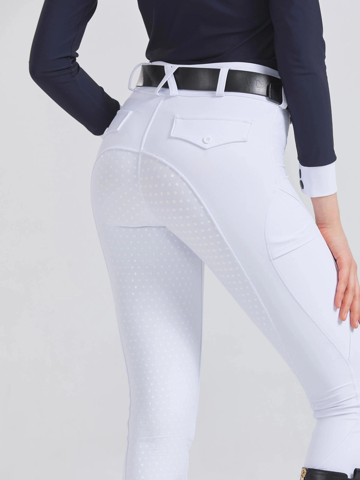 Back view of women's white equestrian riding breeches
