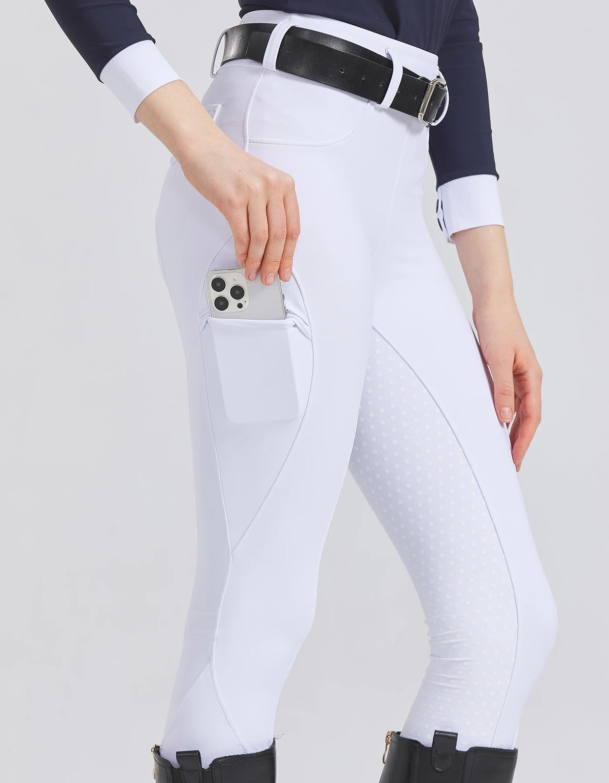 Front view of women's white horse riding breeches
