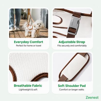 Zeenest™ pet carrier harness everyday comfort adjustable strap breathable fabric soft shoulder pad details