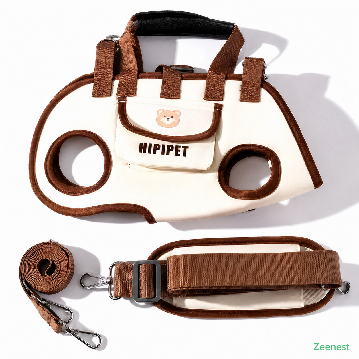Zeenest™ beige hands-free pet carrier harness set with adjustable strap and leash