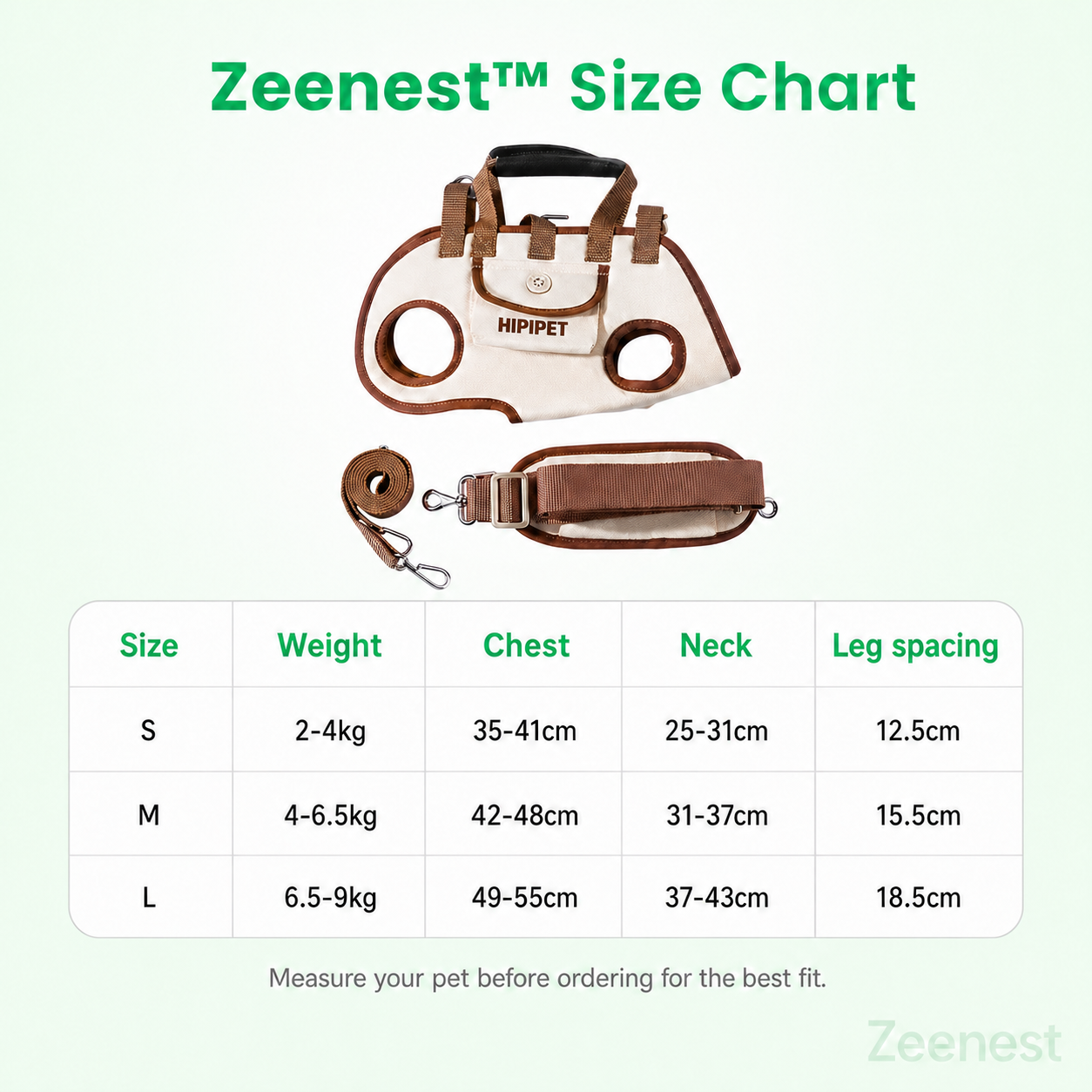 Zeenest™ pet carrier size chart with weight chest neck and leg spacing measurements