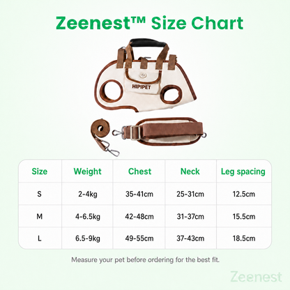 Zeenest™ pet carrier size chart with weight chest neck and leg spacing measurements