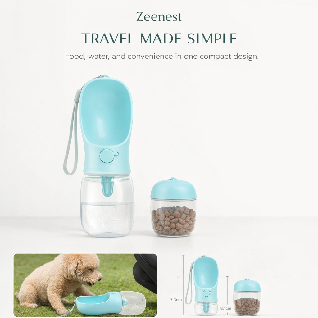 Dog drinking from Zeenest™ AquaGo Travel Bottle during a walk