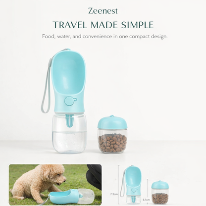 Dog drinking from Zeenest™ AquaGo Travel Bottle during a walk