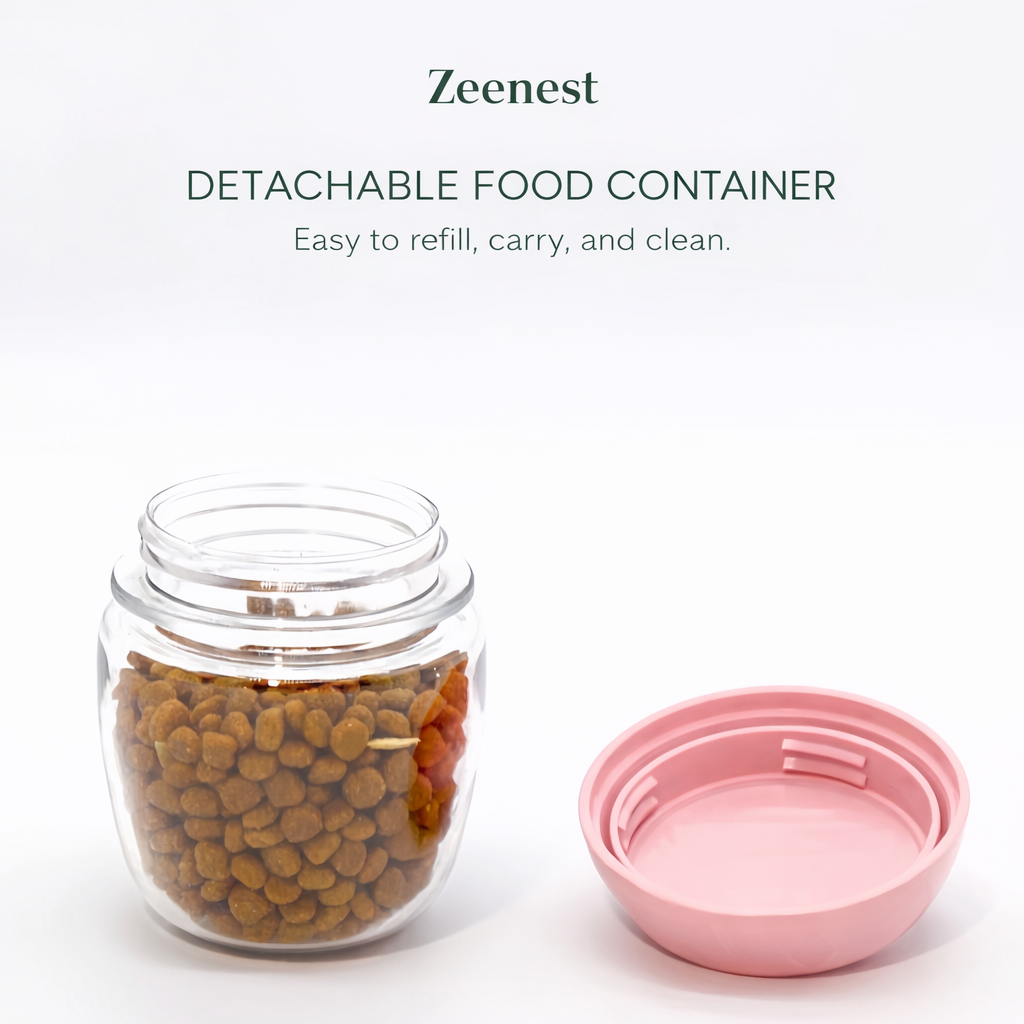 Zeenest™ AquaGo Travel Bottle built-in food container for pet treats while traveling