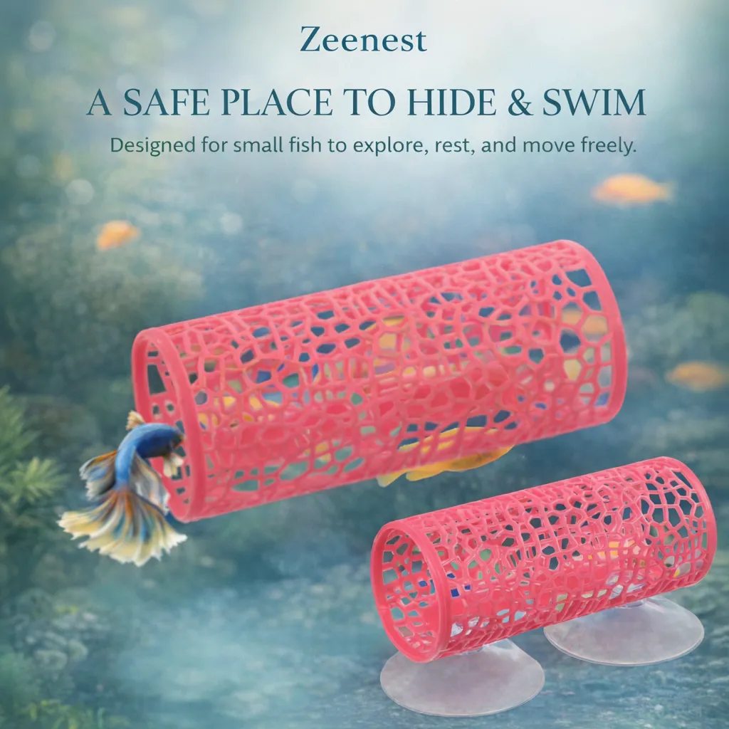 Fish swimming through Zeenest™ AquaTunnel Hideout underwater tunnel in aquarium