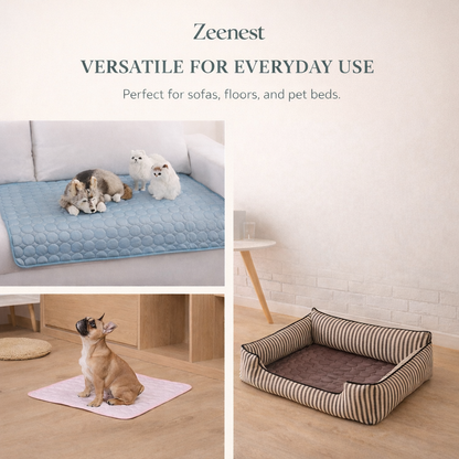 Pet resting on Zeenest™ ChillRest Pet Cooling Mat to stay cool and comfortable