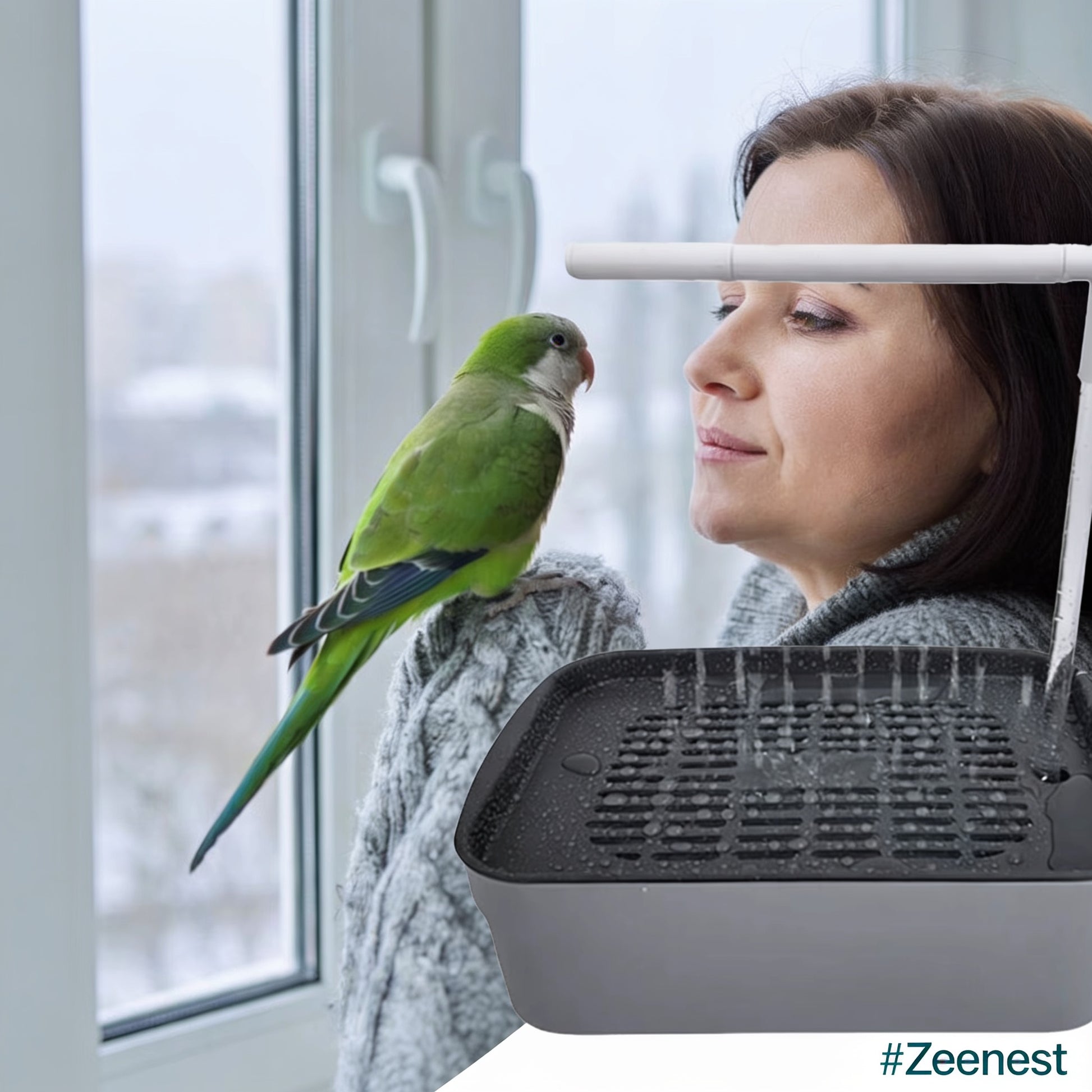 Small parrot near the Zeenest™ CircuBath automatic bird shower bath at home