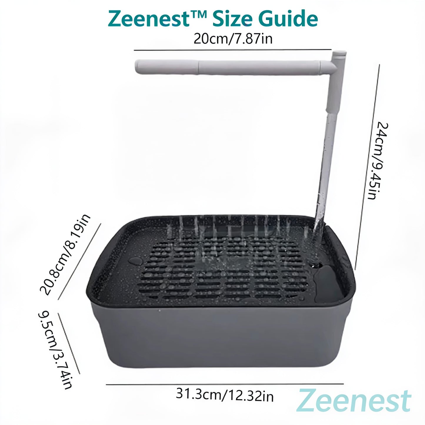 Zeenest™ CircuBath bird shower size guide with dimensions in cm and inches
