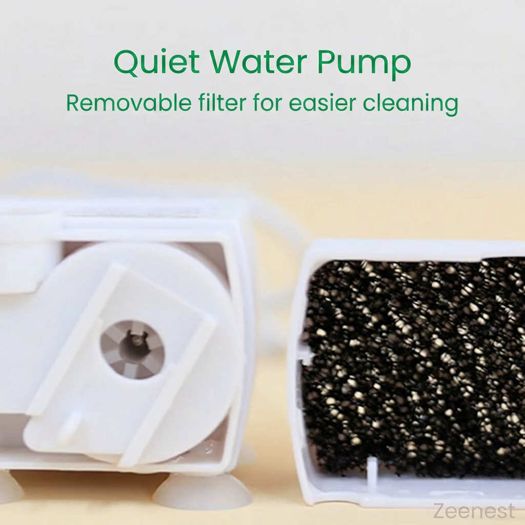 Close-up of Zeenest™ CircuBath quiet water pump and removable filter