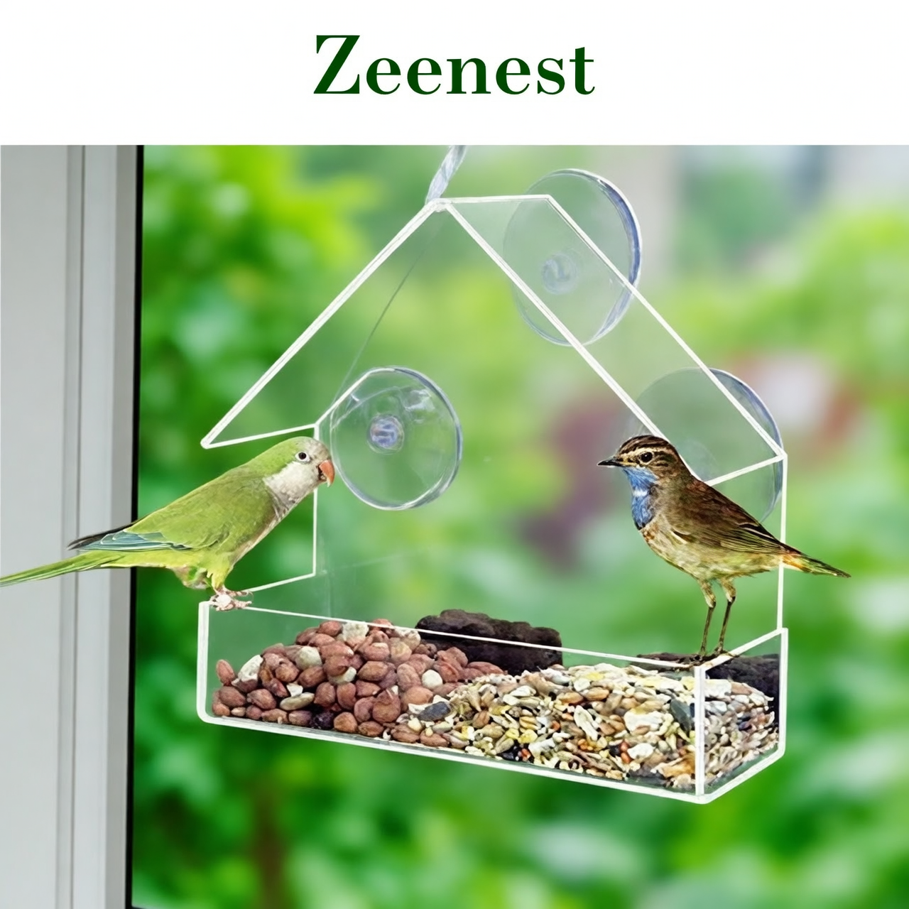 Bird feeding at Zeenest™ ClearView Bird Feeder mounted on a window
