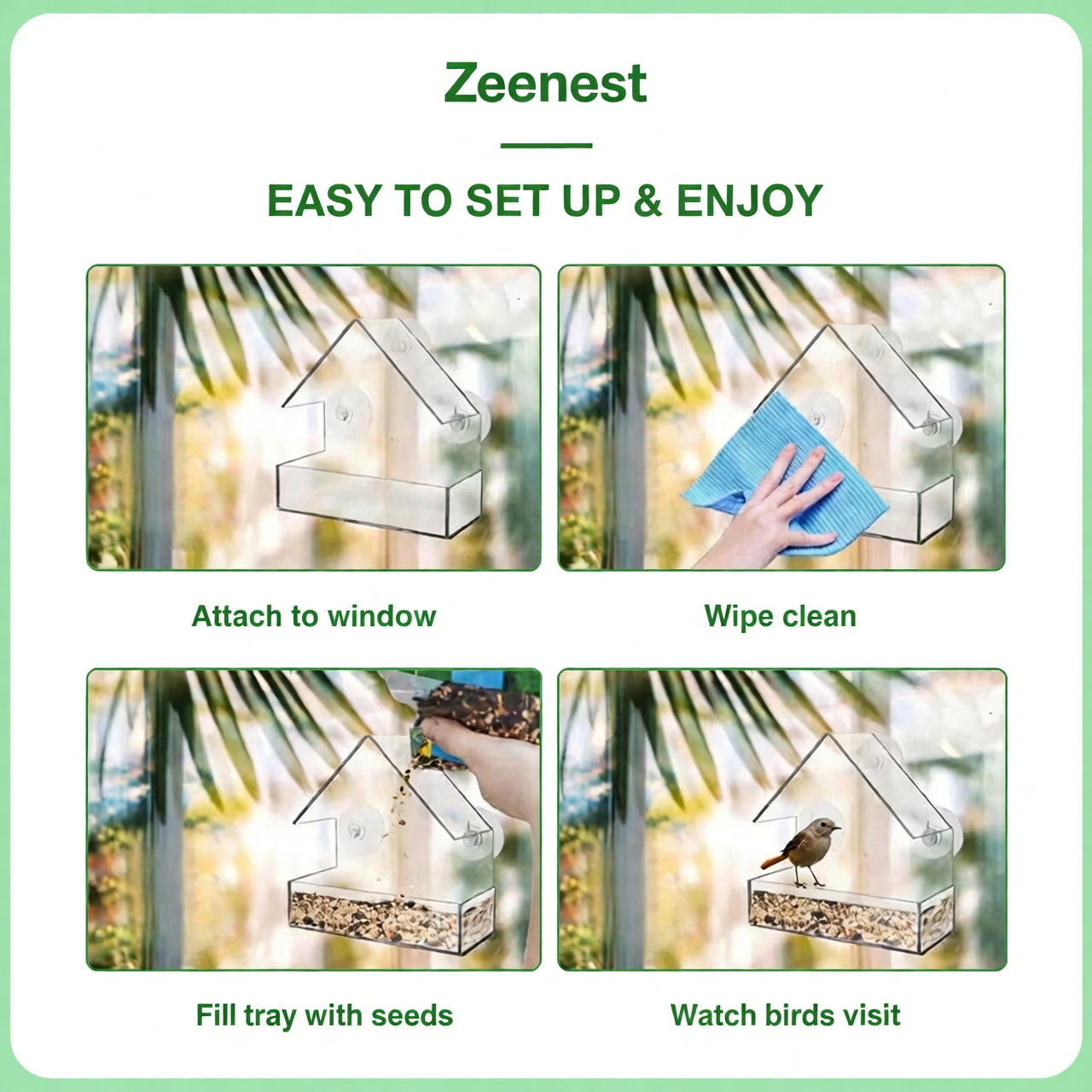 Zeenest™ ClearView Bird Feeder easy-to-refill seed tray close-up
