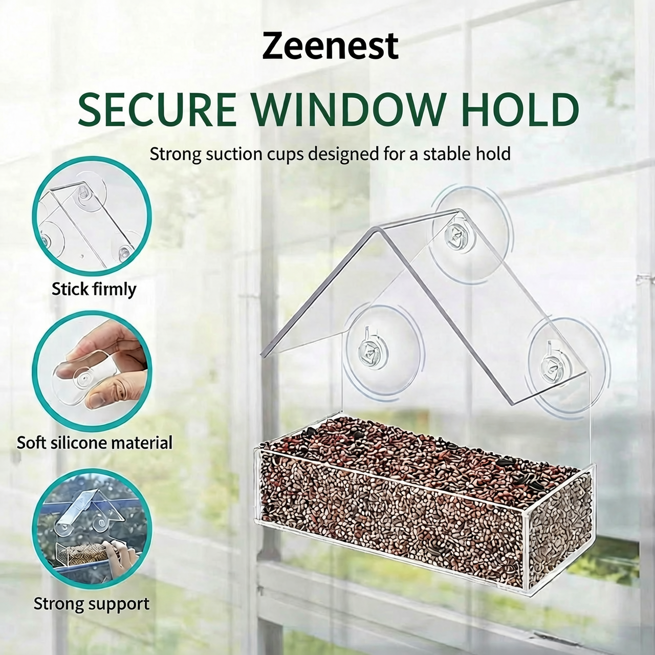 How to install Zeenest™ ClearView Bird Feeder on a window using strong suction cups