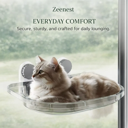 Cat relaxing on Zeenest™ CloudView Window Hammock window perch for birdwatching