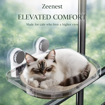 Cat relaxing on Zeenest™ CloudView Window Hammock window perch for birdwatching