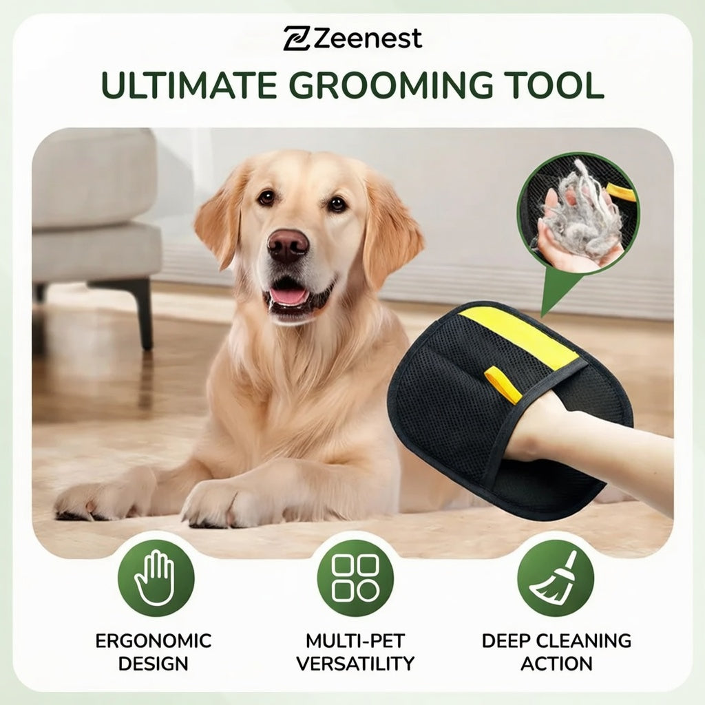 Grooming a pet with Zeenest™ Gentle Touch grooming and massage glove