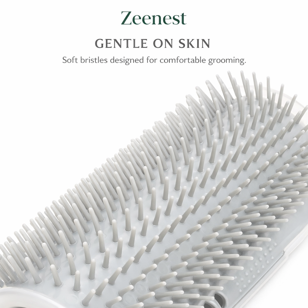 Close-up of Zeenest™ Self-Groom Corner Brush soft bristles and removable design