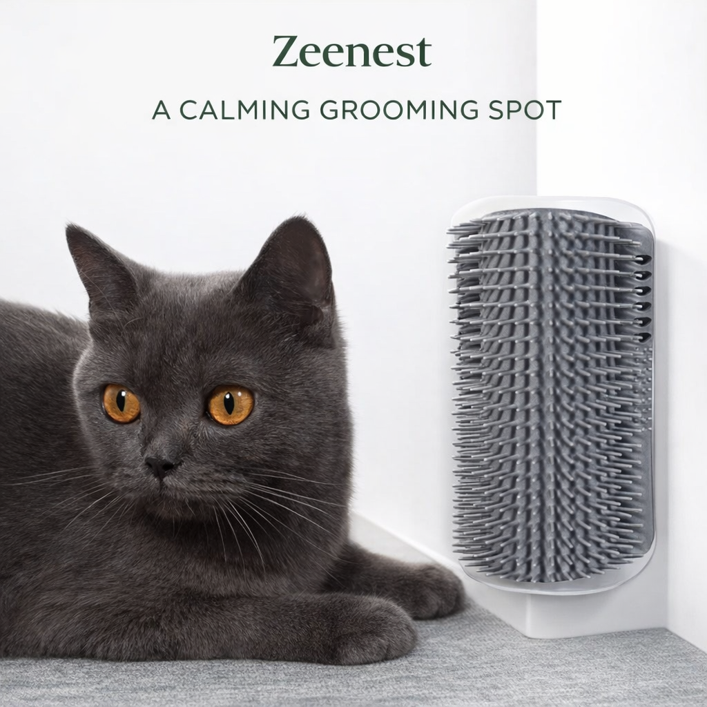 Close-up of Zeenest™ Self-Groom Corner Brush soft grooming bristles for cats